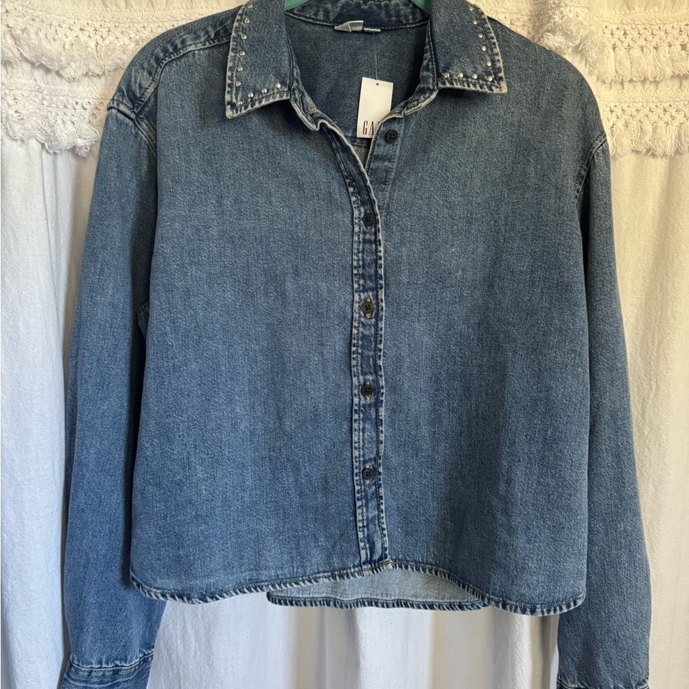 Gap Studded Collar Denim Button-Up Jacket - Light Blue